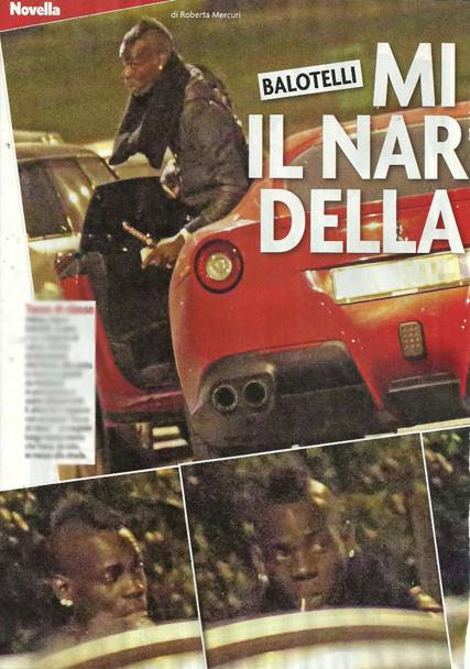 Mario Balotelli beccato da Novella 2000 con il narghil in mano fuori dalla sua Ferrari: nelle fotine in basso si vede il giocatore del Milan mentre fuma. Twitter